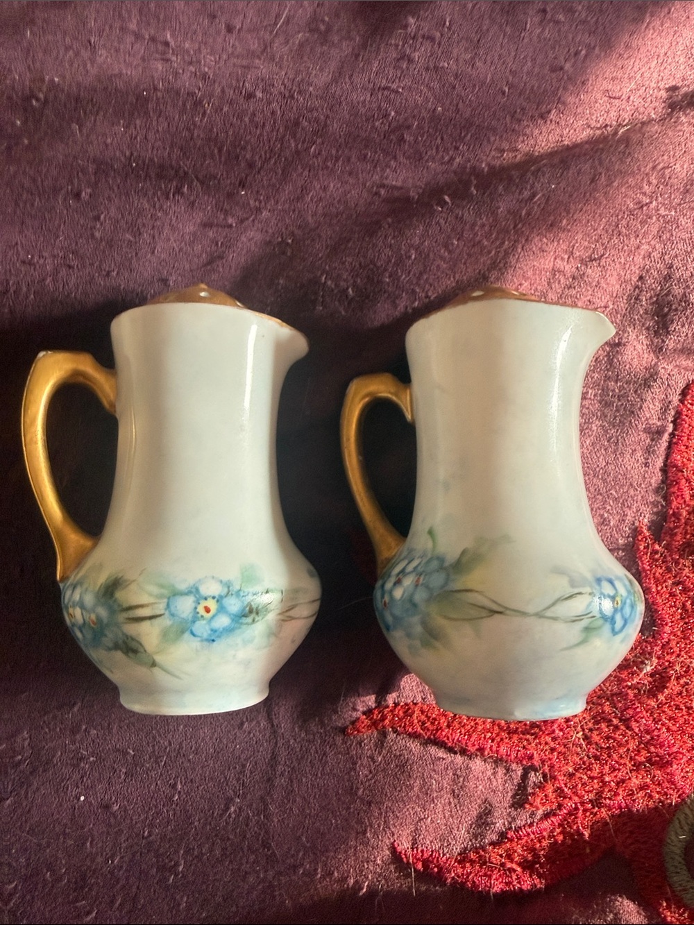 Pair of Vintage Austrian Floral Porcelain Salt and Pepper Shakers w Gold Handles